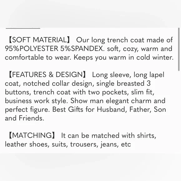 Men's Black Slim Fit Notched Collar Long Casual Trench Coat with Pocket